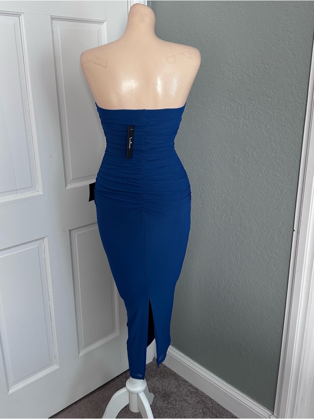 LULU’S LATE NIGHT CRUSH MESH RUCHED STRAPLESS MIDI DRESS - Picture 9 of 12